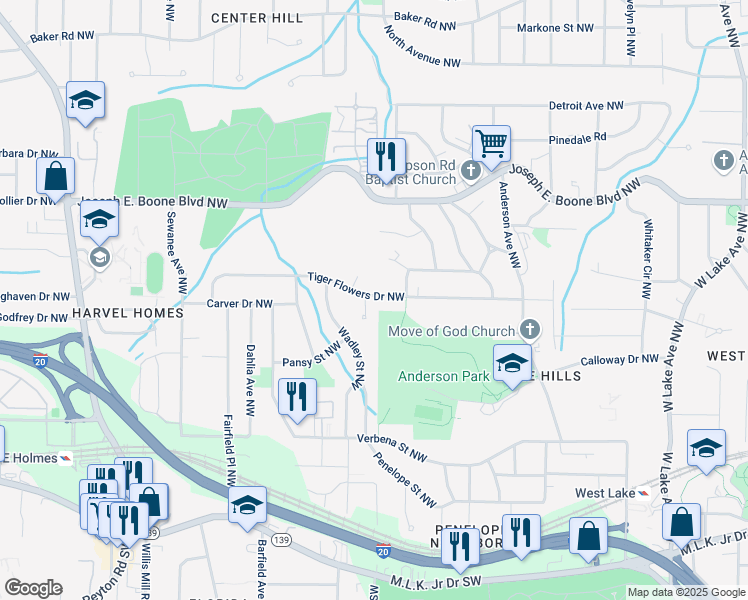map of restaurants, bars, coffee shops, grocery stores, and more near 237 Tiger Flowers Circle Northwest in Atlanta