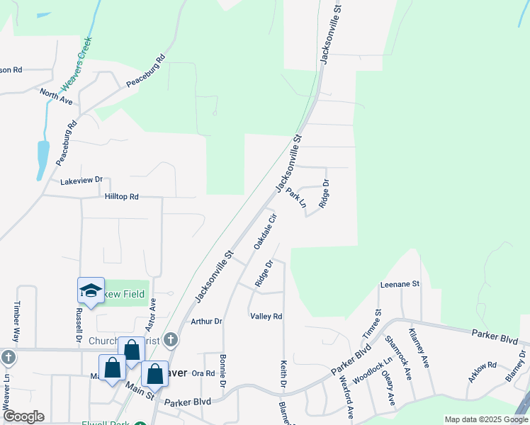 map of restaurants, bars, coffee shops, grocery stores, and more near 1223 Jacksonville Street in Weaver