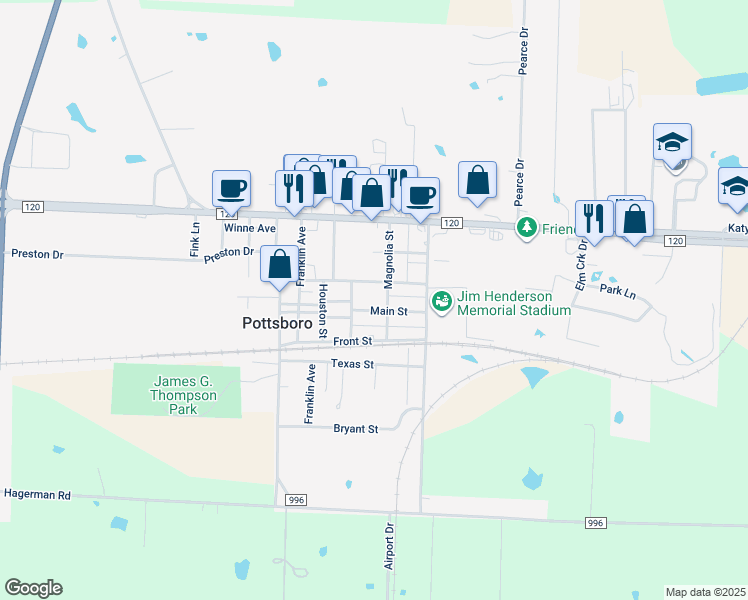 map of restaurants, bars, coffee shops, grocery stores, and more near 303 Thompson Street in Pottsboro