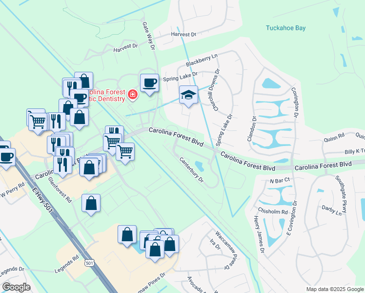 map of restaurants, bars, coffee shops, grocery stores, and more near 647 Canterbury Drive in Myrtle Beach