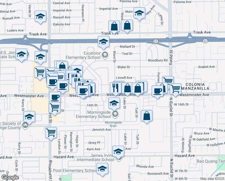 map of restaurants, bars, coffee shops, grocery stores, and more near 13941 Ward Street in Garden Grove