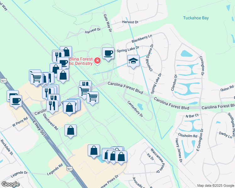 map of restaurants, bars, coffee shops, grocery stores, and more near 601 Kent Lane in Myrtle Beach