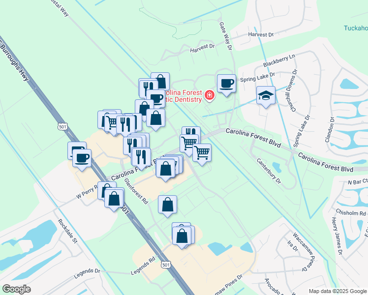 map of restaurants, bars, coffee shops, grocery stores, and more near 2254 Carolina Forest Boulevard in Myrtle Beach