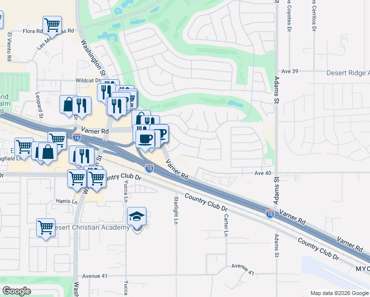 map of restaurants, bars, coffee shops, grocery stores, and more near 78531 Glastonbury Way in Palm Desert