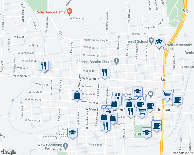 map of restaurants, bars, coffee shops, grocery stores, and more near 901 West Morton Street in Denison
