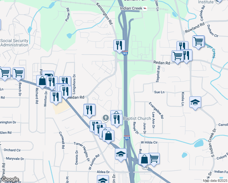 map of restaurants, bars, coffee shops, grocery stores, and more near 3820 London Drive in Decatur