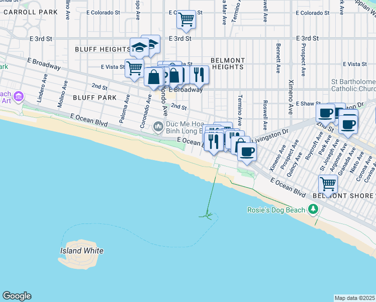 map of restaurants, bars, coffee shops, grocery stores, and more near 16 South 36th Place in Long Beach