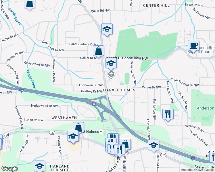 map of restaurants, bars, coffee shops, grocery stores, and more near 255 Hamilton E Holmes Drive Northwest in Atlanta