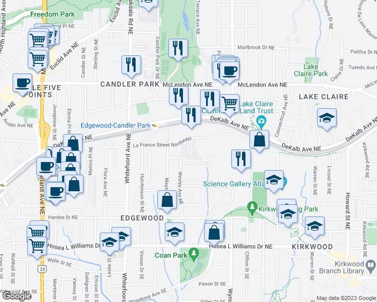 map of restaurants, bars, coffee shops, grocery stores, and more near 276 Carlyle Park Drive in Atlanta