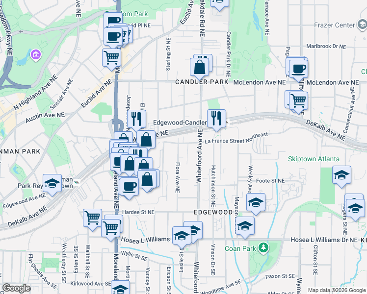 map of restaurants, bars, coffee shops, grocery stores, and more near 1350a La France Street Northeast in Atlanta