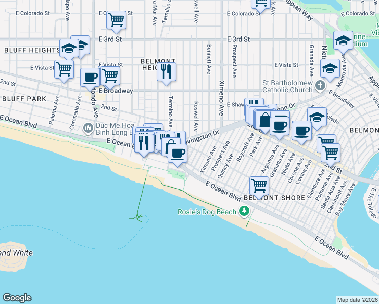map of restaurants, bars, coffee shops, grocery stores, and more near 55 Roswell Avenue in Long Beach