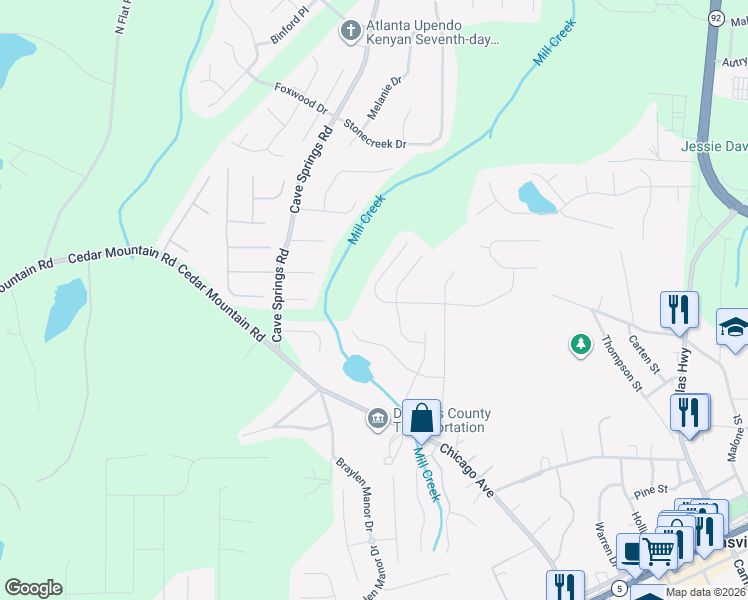 map of restaurants, bars, coffee shops, grocery stores, and more near 7093 Skippingstone Way in Douglasville