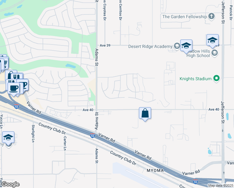 map of restaurants, bars, coffee shops, grocery stores, and more near 79202 Palmar Lane in Indio