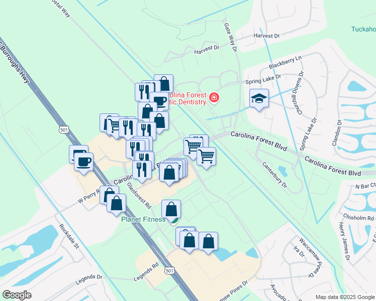 map of restaurants, bars, coffee shops, grocery stores, and more near 2250 Carolina Forest Boulevard in Myrtle Beach