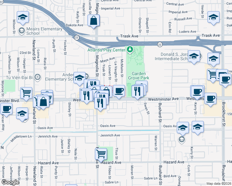 map of restaurants, bars, coffee shops, grocery stores, and more near 9111 Westminster Avenue in Garden Grove