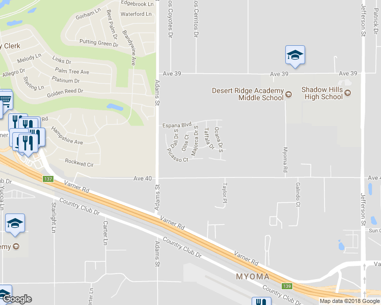 map of restaurants, bars, coffee shops, grocery stores, and more near 39763 Majorca Drive South in Indio