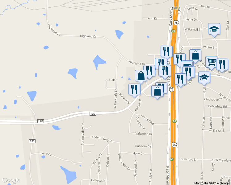 map of restaurants, bars, coffee shops, grocery stores, and more near 4109 North Parkdale Lane in Denison