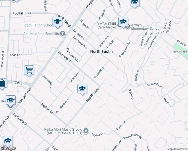 map of restaurants, bars, coffee shops, grocery stores, and more near 11701 Heathcliff Drive in Santa Ana