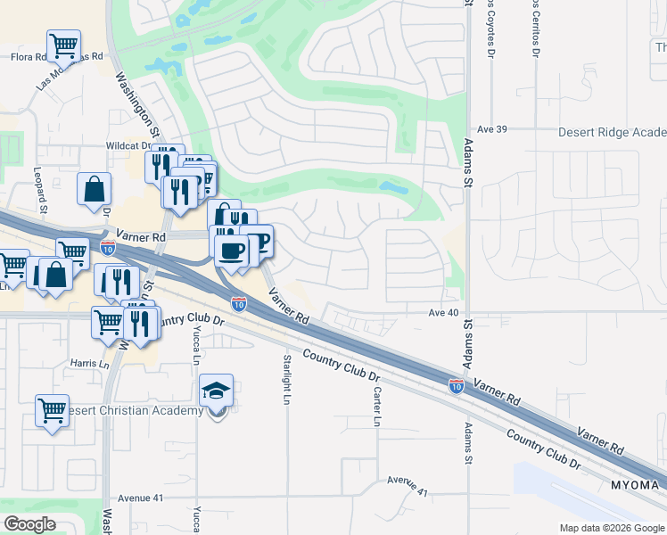 map of restaurants, bars, coffee shops, grocery stores, and more near 39800 Dorset Drive in Palm Desert