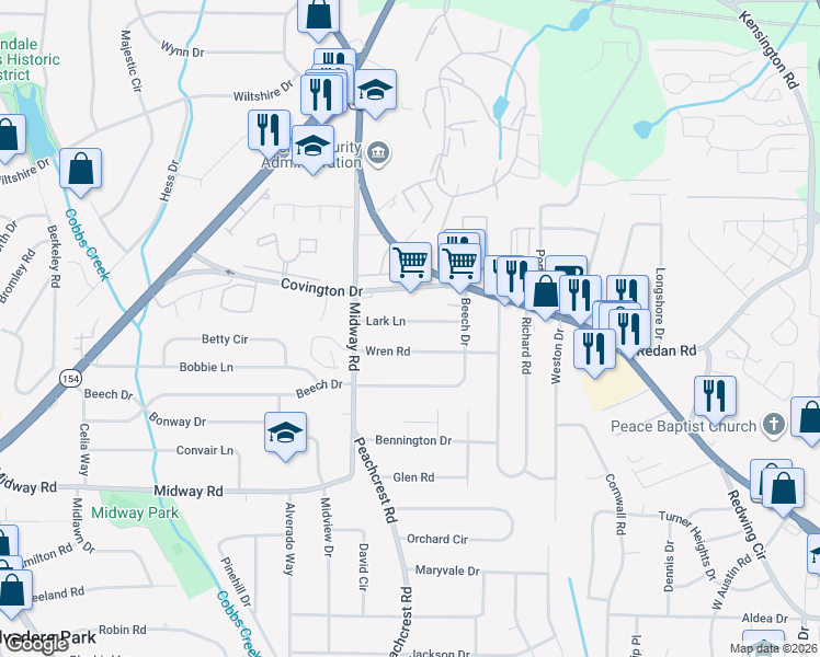 map of restaurants, bars, coffee shops, grocery stores, and more near 3429 Lark Lane in Decatur