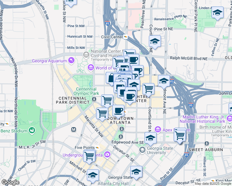 map of restaurants, bars, coffee shops, grocery stores, and more near 205 Spring Street Northwest in Atlanta