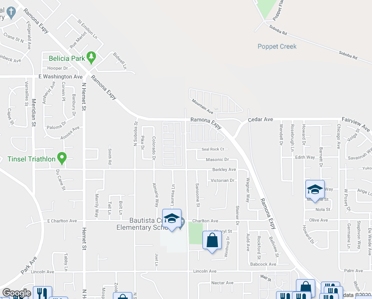 map of restaurants, bars, coffee shops, grocery stores, and more near North Lake Street & Seal Rock Court in Hemet