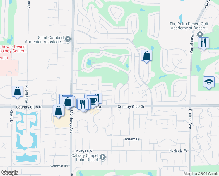 map of restaurants, bars, coffee shops, grocery stores, and more near 4215 Via Mattina in Palm Desert