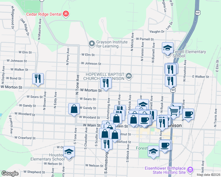 map of restaurants, bars, coffee shops, grocery stores, and more near 800 West Bond Street in Denison