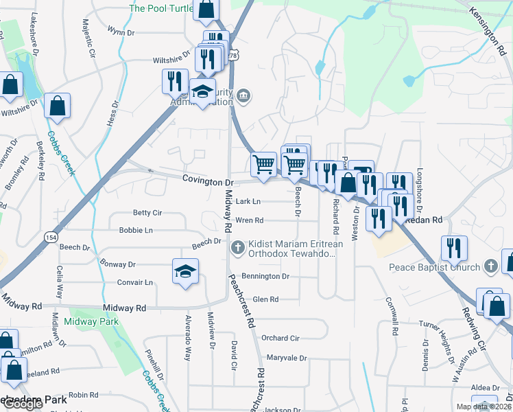 map of restaurants, bars, coffee shops, grocery stores, and more near 3404 Lark Lane in Decatur