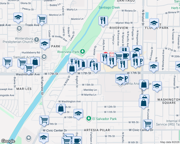 map of restaurants, bars, coffee shops, grocery stores, and more near 1815 West 17th Street in Santa Ana