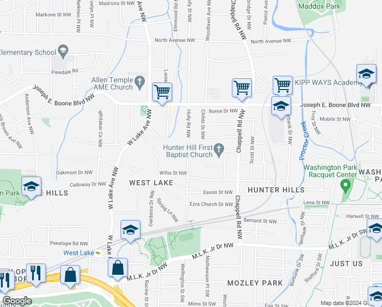map of restaurants, bars, coffee shops, grocery stores, and more near 175 Holly Road Northwest in Atlanta