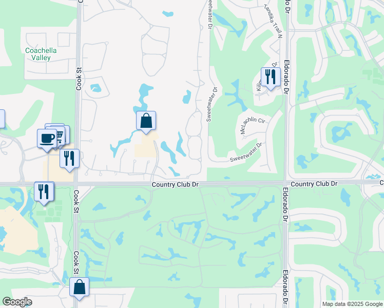 map of restaurants, bars, coffee shops, grocery stores, and more near 144 Desert Falls Circle in Palm Desert