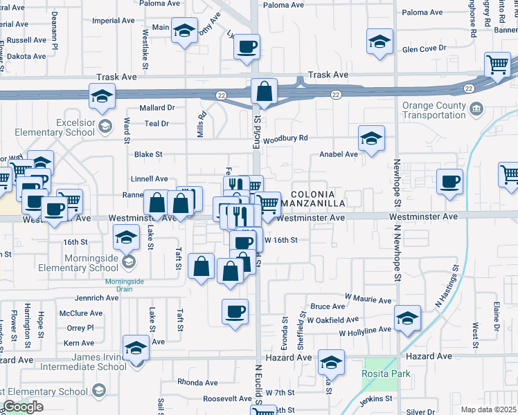 map of restaurants, bars, coffee shops, grocery stores, and more near 13932 South Euclid Street in Garden Grove