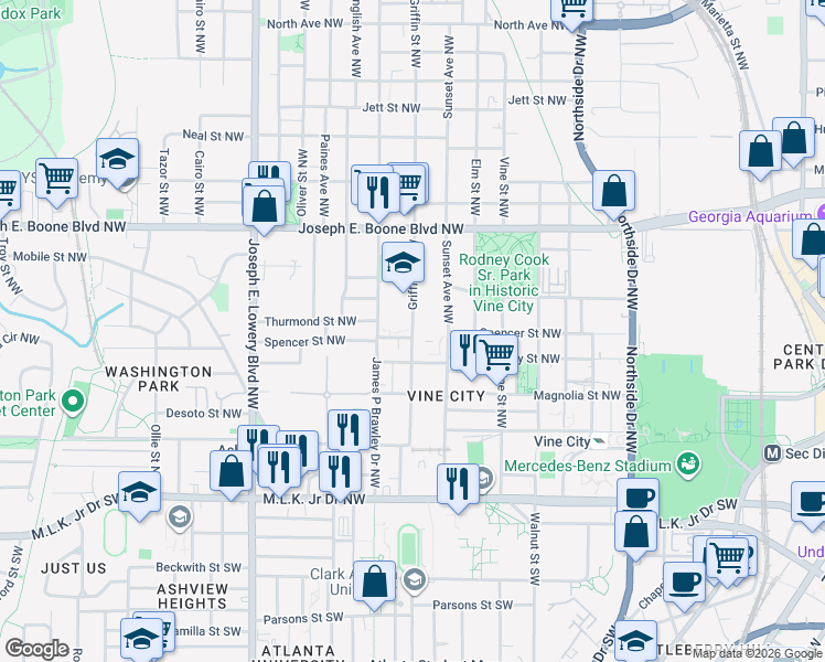 map of restaurants, bars, coffee shops, grocery stores, and more near Griffin Street Northwest in Atlanta