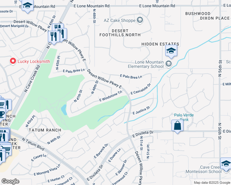 map of restaurants, bars, coffee shops, grocery stores, and more near 4914 East Windstone Trail in Cave Creek