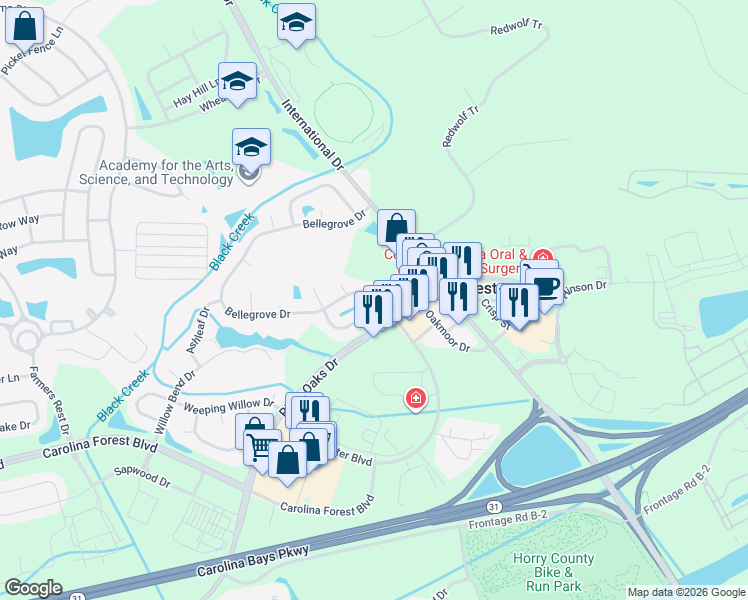 map of restaurants, bars, coffee shops, grocery stores, and more near 113 Bellegrove Drive in Myrtle Beach