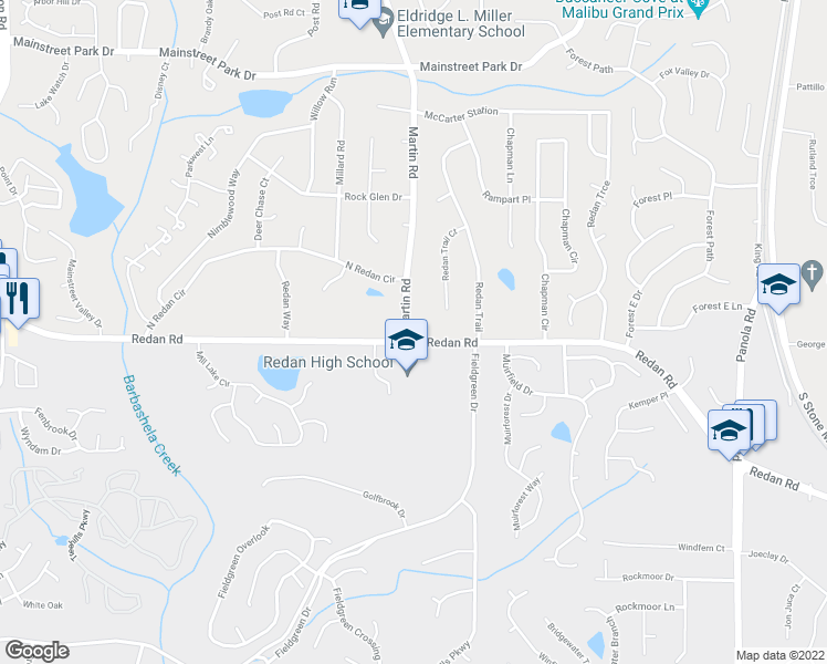 map of restaurants, bars, coffee shops, grocery stores, and more near 1144 Martin Road in Stone Mountain