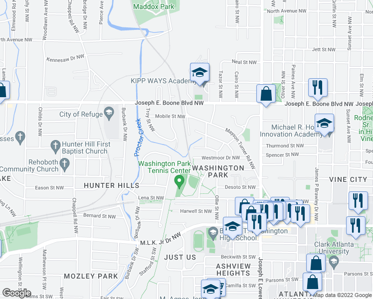 map of restaurants, bars, coffee shops, grocery stores, and more near 1100 Mayson Turner Road Northwest in Atlanta