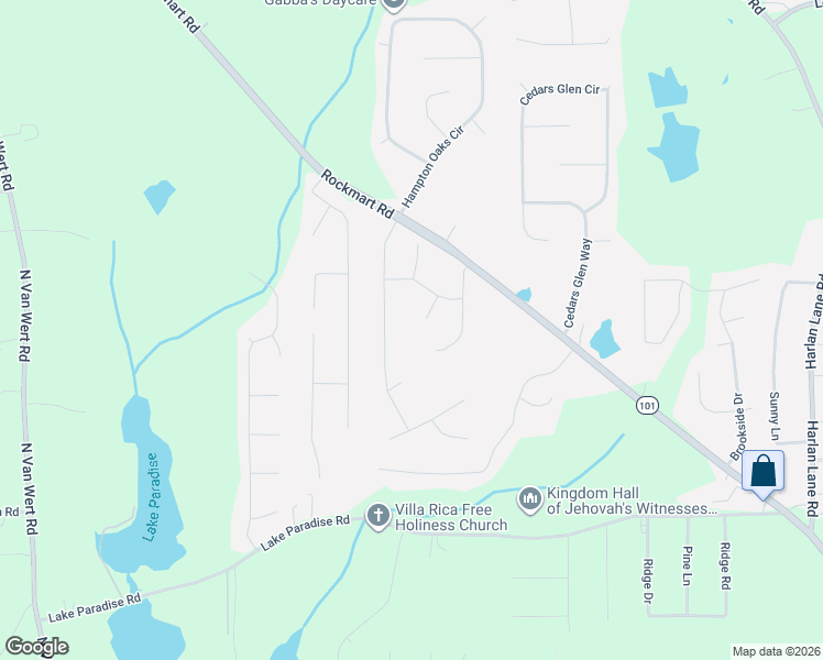map of restaurants, bars, coffee shops, grocery stores, and more near 35 Woody Way in Villa Rica