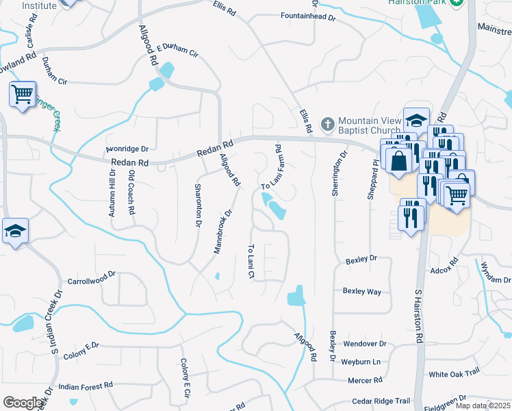 map of restaurants, bars, coffee shops, grocery stores, and more near 1188 To Lani Farm Road in Stone Mountain