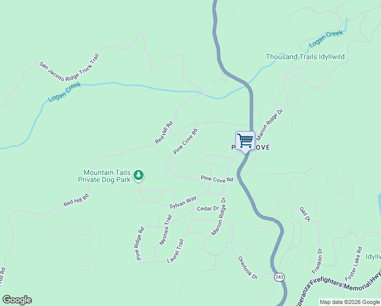 map of restaurants, bars, coffee shops, grocery stores, and more near Green Craig Drive in Idyllwild-Pine Cove