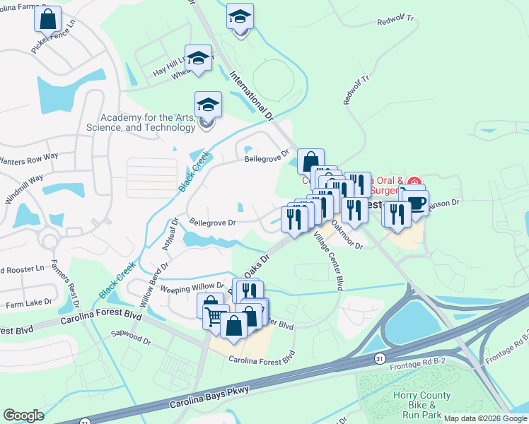 map of restaurants, bars, coffee shops, grocery stores, and more near 150 Bellegrove Drive in Myrtle Beach