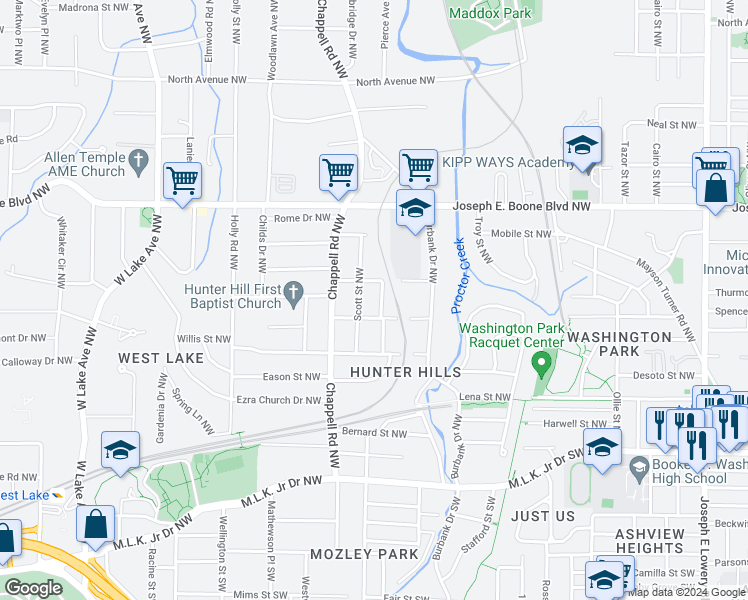 map of restaurants, bars, coffee shops, grocery stores, and more near 1265 Eason Street Northwest in Atlanta