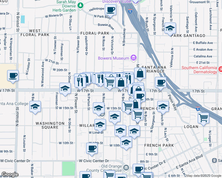 map of restaurants, bars, coffee shops, grocery stores, and more near 355 West 17th Street in Santa Ana