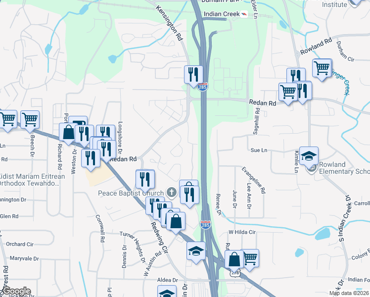 map of restaurants, bars, coffee shops, grocery stores, and more near 1192 Winston Drive in Decatur