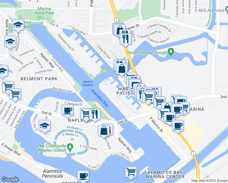 map of restaurants, bars, coffee shops, grocery stores, and more near 6214 Marina Pacifica Drive South in Long Beach