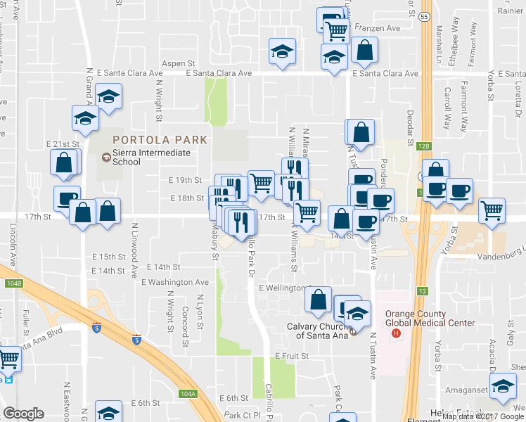 map of restaurants, bars, coffee shops, grocery stores, and more near 1833 East 17th Street in Santa Ana