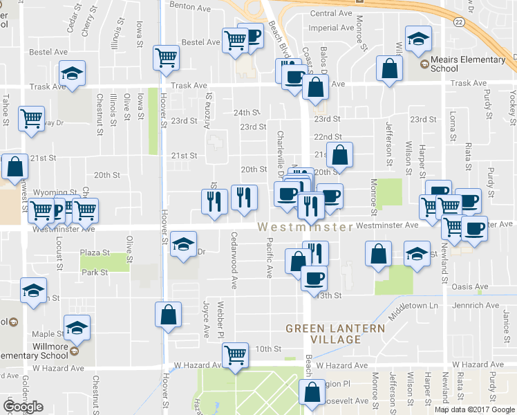 map of restaurants, bars, coffee shops, grocery stores, and more near 13922 Lipkin Drive in Westminster