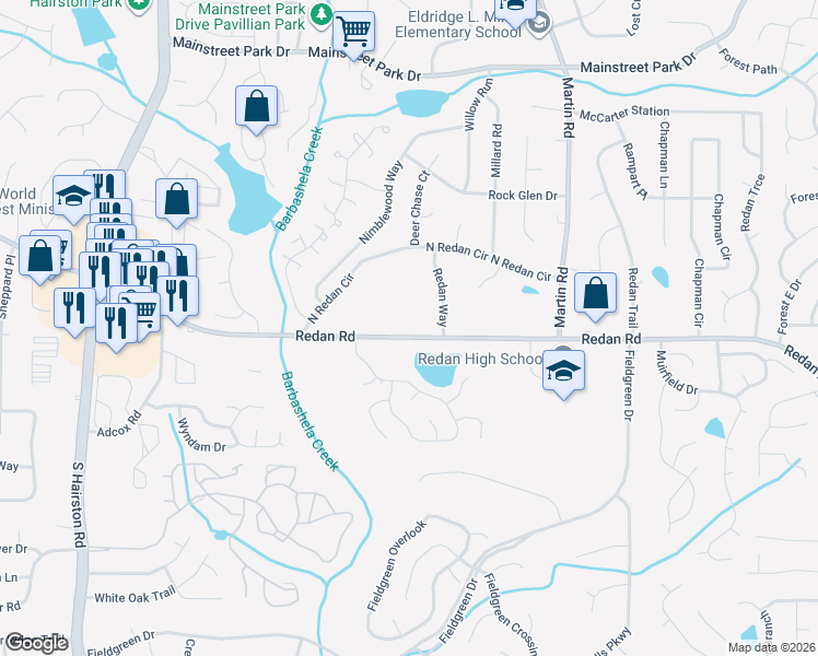 map of restaurants, bars, coffee shops, grocery stores, and more near 5100 Redan Road in Stone Mountain