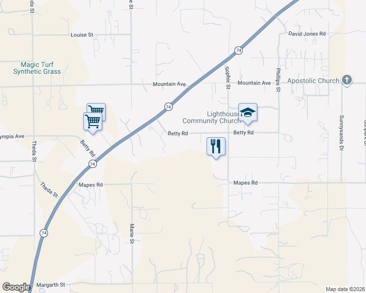 map of restaurants, bars, coffee shops, grocery stores, and more near 22693 Betty Road in Perris